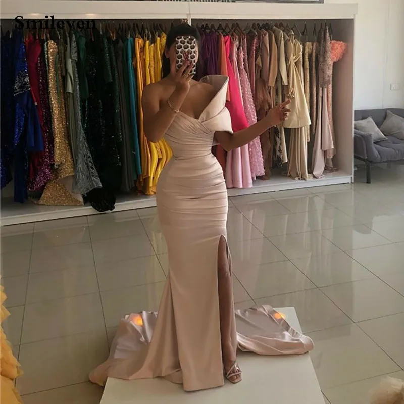 Smileven Mermaid Nude Pink Evening Dress Women Sleeveless robe de soirée Side Split Bidycon Party Gowns