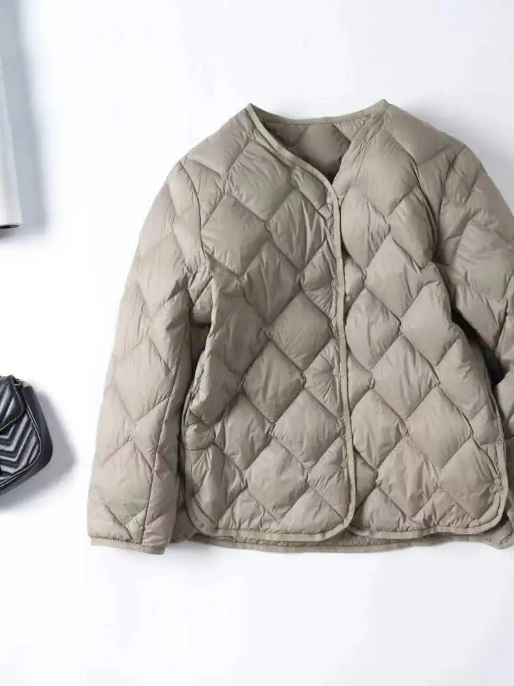 Women Lightweight Down Jacket Diamond Grid Collarless Autumn Winter White Duck Down Thickening Casual Down Coat Female Outwear