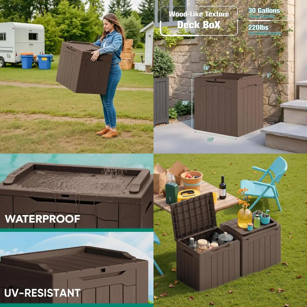 

Набор из 2-х ящиков для хранения из полимерной смолы объемом 30 галлонов - водонепроницаемые уличные контейнеры для садовой мебели, аксессуаров для бассейна и садового инвентаря (коричневые)