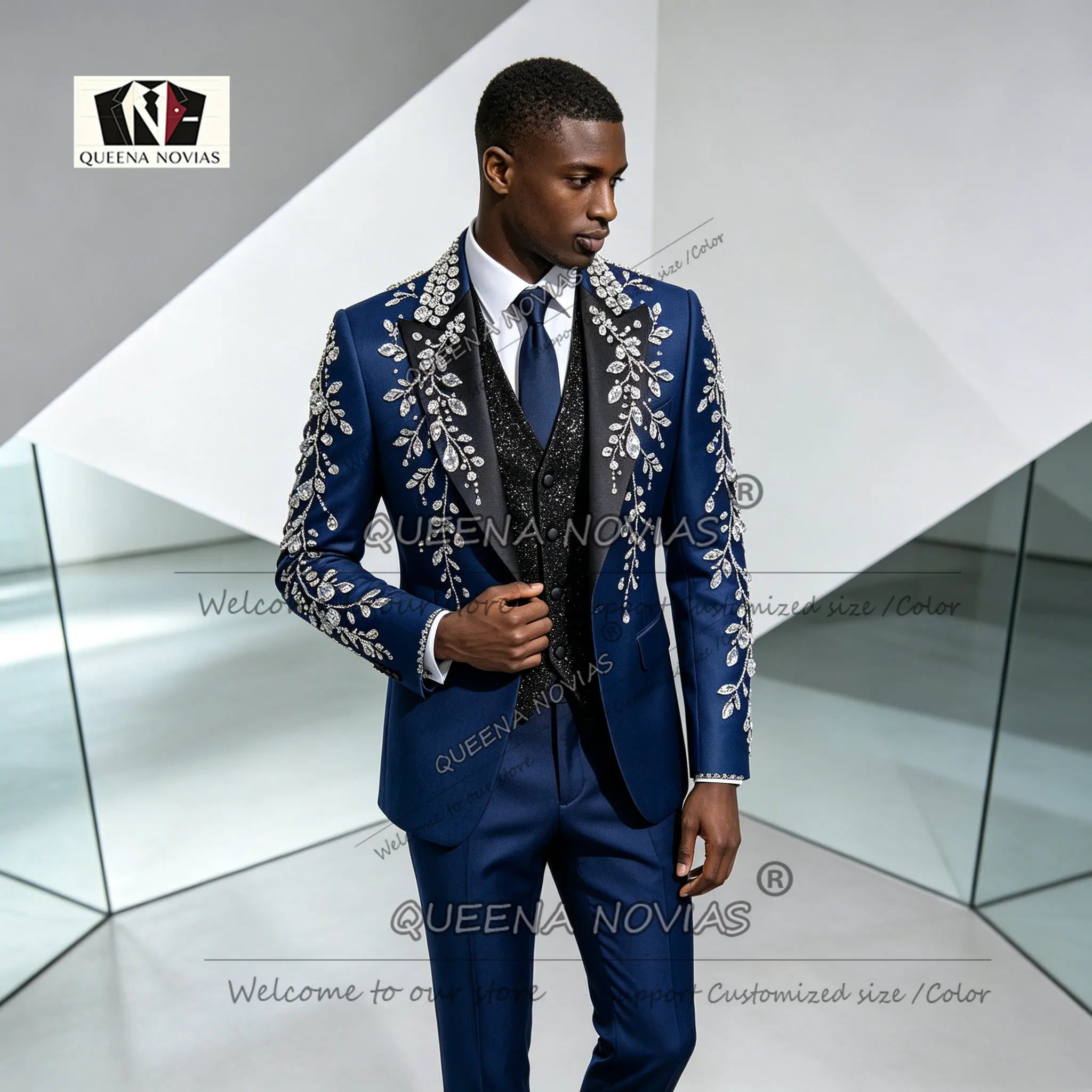 Intricate Hand Beading Suit Men Stones Prom Blazer Customized 3 Piece Sets Groom Wedding Tuxedo Slim Fit Man Multi Occasion