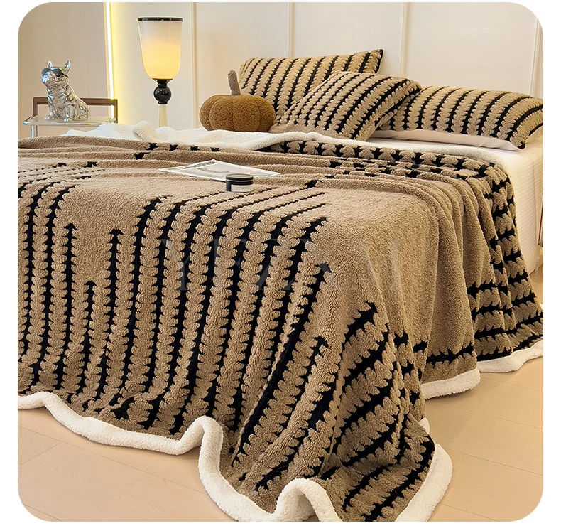 Double Layer Fleece Warm Winter Blanket Striped Thick Plush Blanket for Single Double Bed Multipurpose Sofa Throw Blanket Autumn