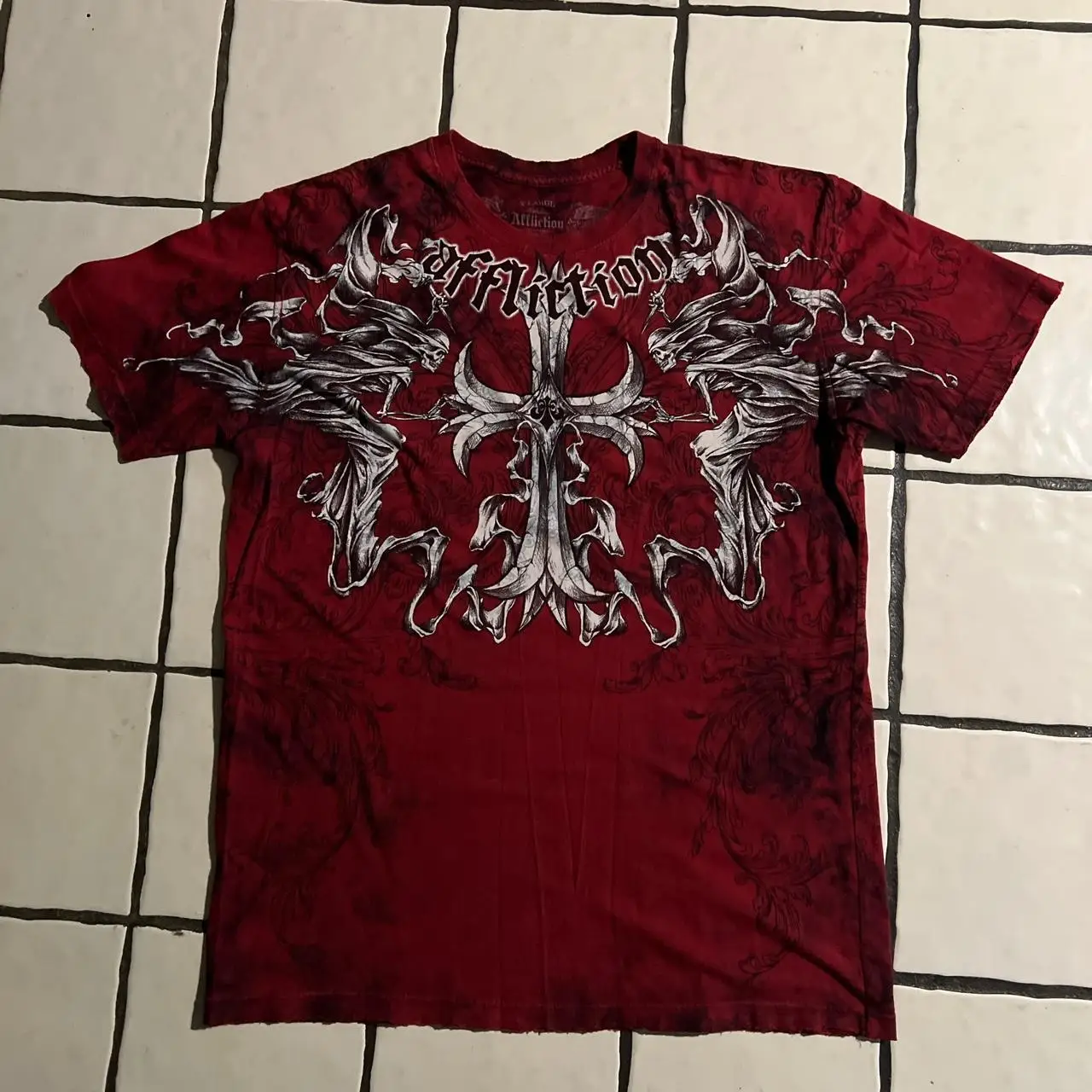 2000s Affliction American Retro T-Shirt Women Red Cotton Round Neck Washed Shirt Hip Hop Couple American Wear Goth T Shirts