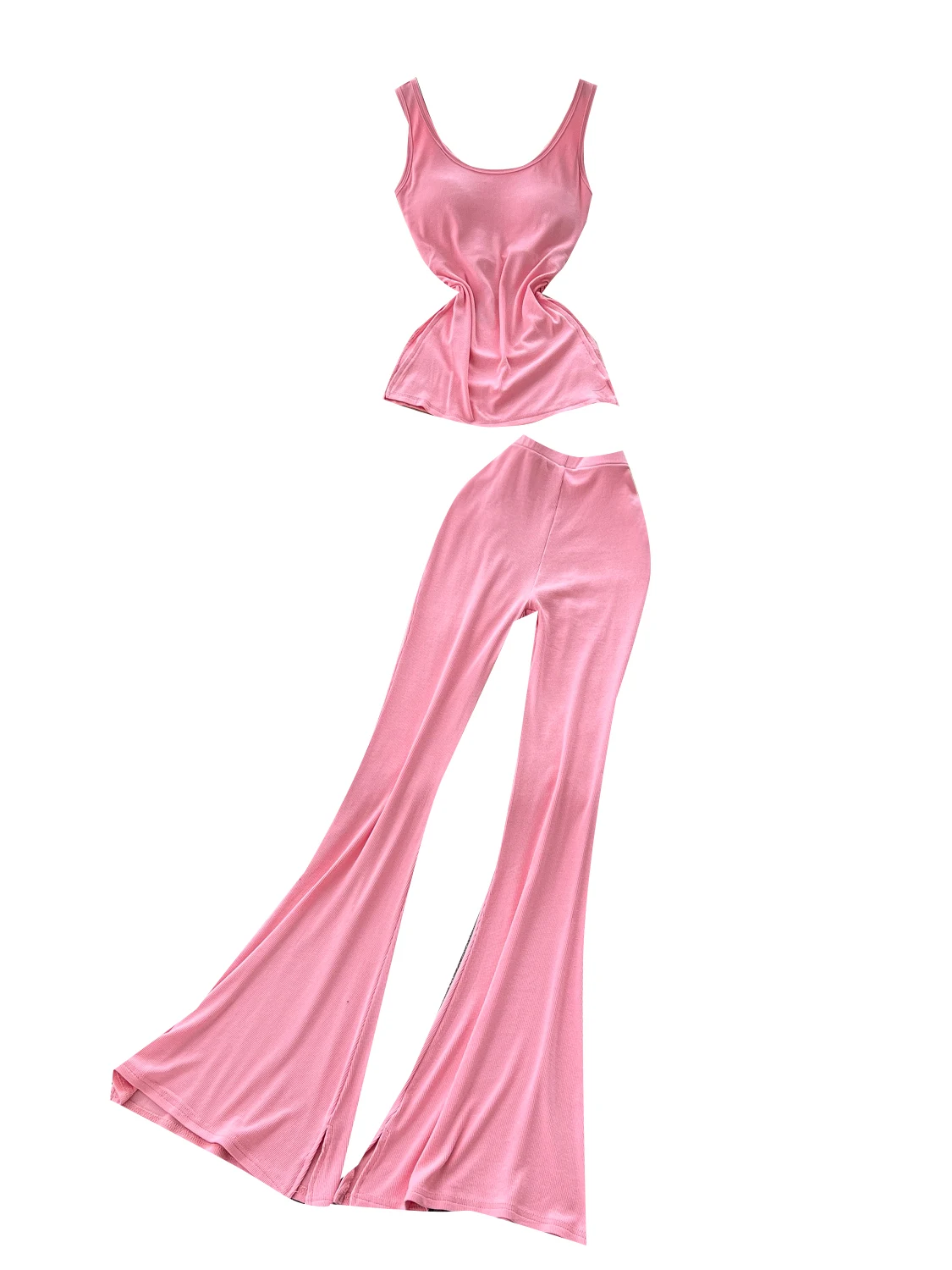 مجموعة صيفية نسائية عصرية ومريحة: توب كروب بفتحة جانبية وخصر مرتفع مع بنطلون واسع الأرجل - طقم من قطعتين