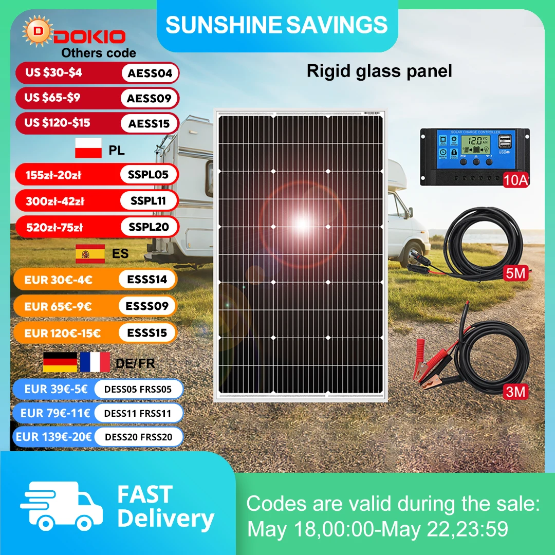 DOKIO 18V 100W panneaux solaires/Kit monocristallin 100W panneau de cellules étanche photovoltaïque 100 watts pour RV/maison/batterie 12V