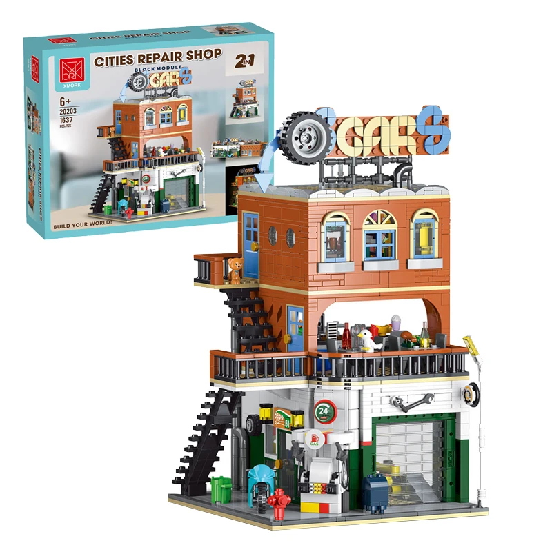 1637pcs MOC 2 in 1 Auto Repair Shop Street View Building Blocks Model Construction Bricks Assembling DIY Toys for Boys Gift Set