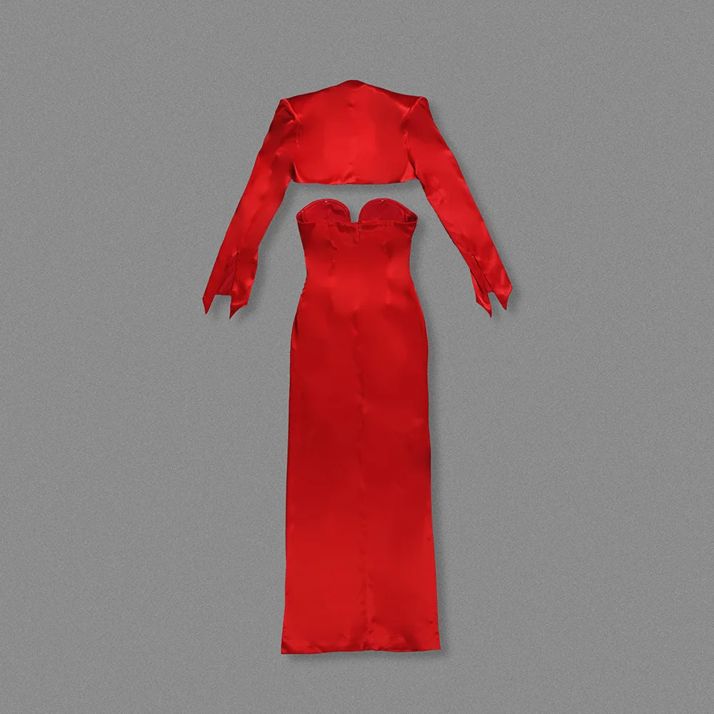 Fashionable Sexy Red Bodycon Midi Dress Set 3D Floral Corset Gown And Cropped Shrug Jacket For Club Birthday Night Cocktail