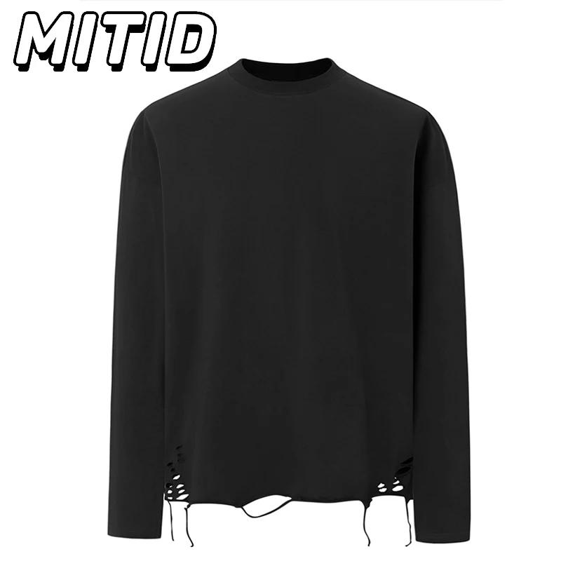 Hip Hop Streetwear Spring Autumn T Shirt Men Oversized T Shirt Bottoming Shirt With Hole Pure Cotton Breathable Long Sleeve Tees