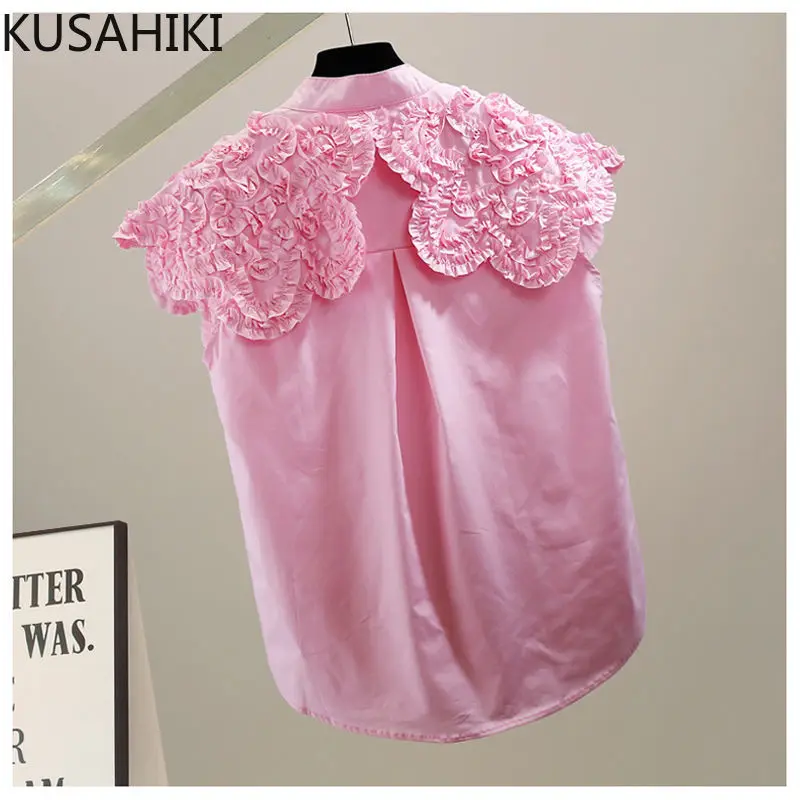 KUSAHIKI Causal Flying Sleeve Womens Top Summer New Korean Blusas Fashion Chic Edible Tree Fungus Ruffle Patchwork Blouse Shirt