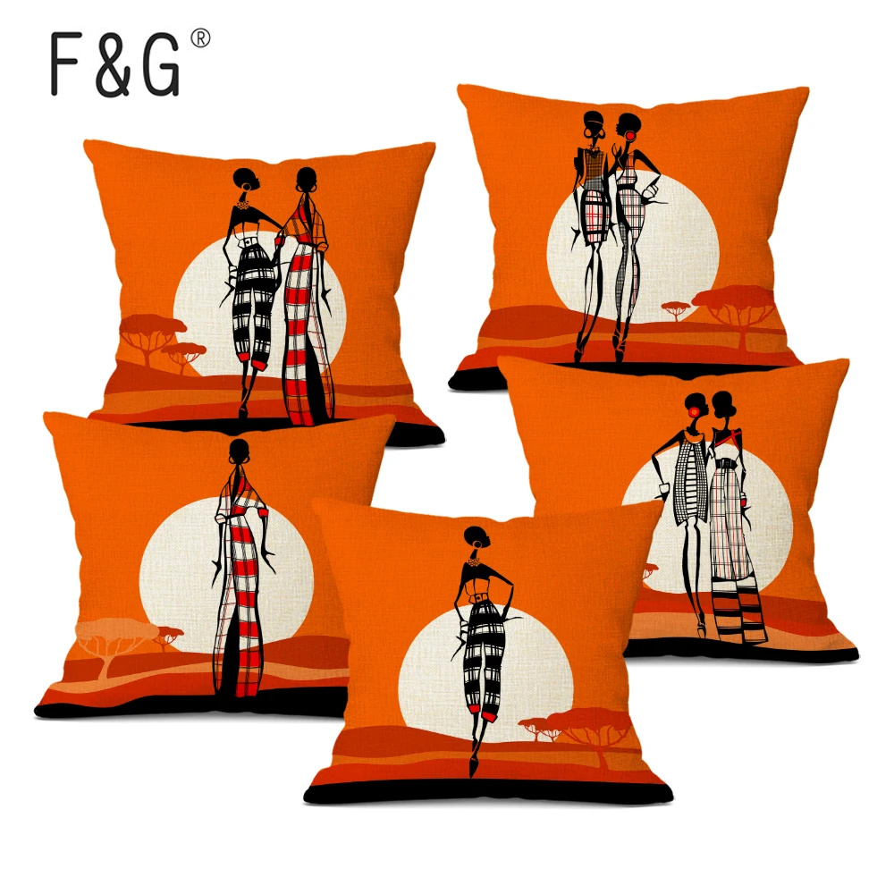 

Fashion African Girl Cushion Cover Orange Color African Style Black Women Home Art Decoration Sofa Pillowcase Linen Pillow Cover