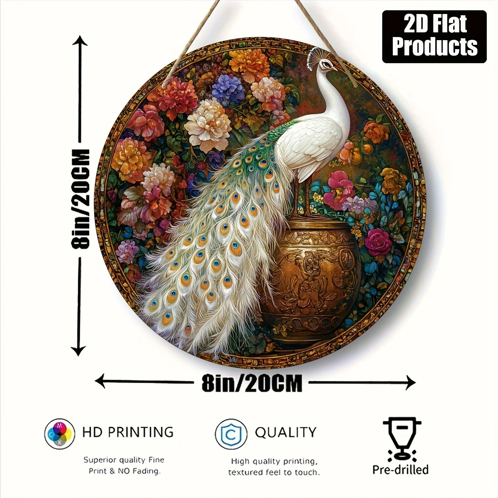 2D flaches, rundes Wandkunst-Dekorpanel aus Holz mit Vintage-Pfau-Motiv – buntes Blumendesign mit goldener Vase, geeignet für Zuhause, O
