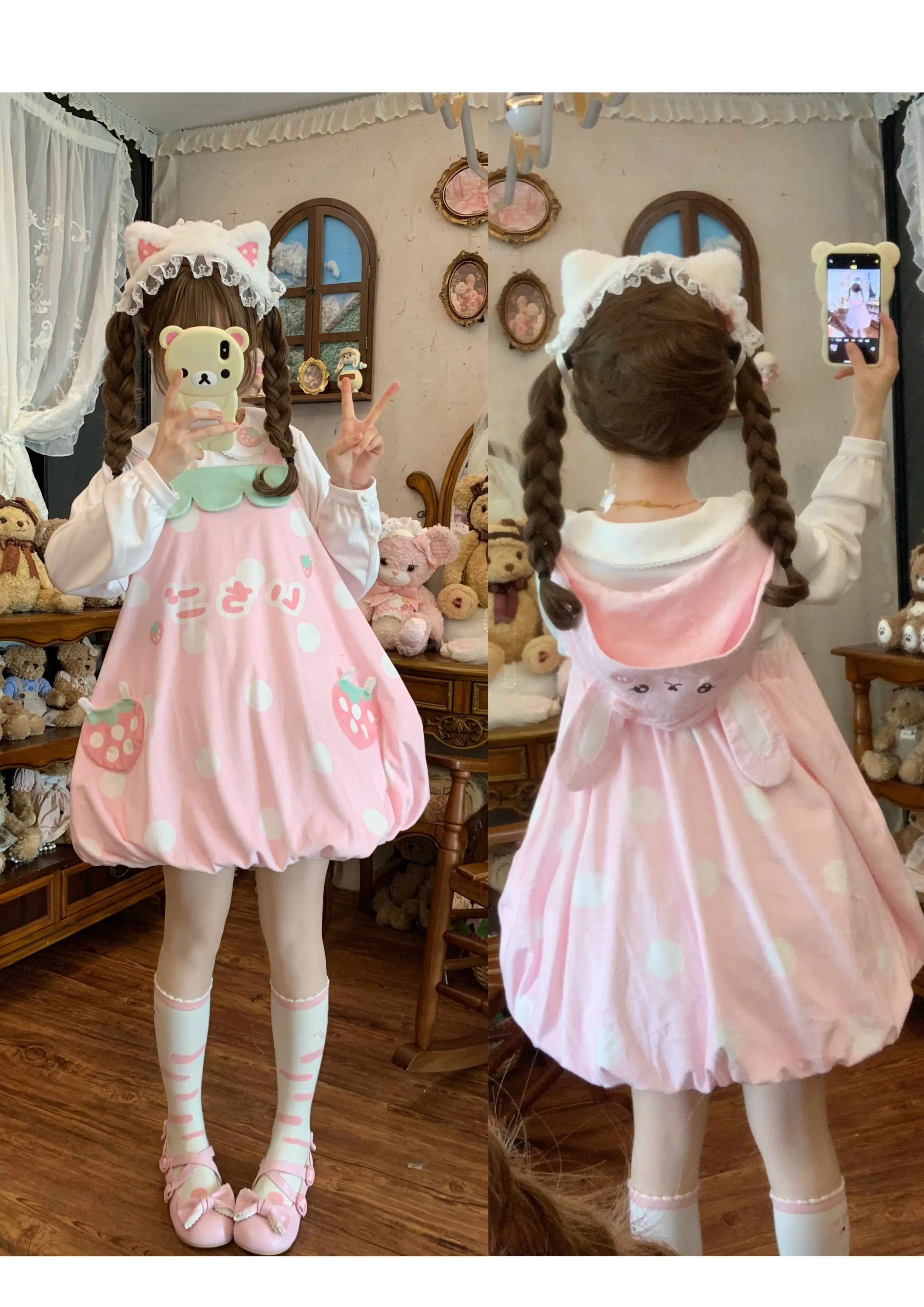 Original japonês macio meninas kawaii morango impressão vestido com capuz jsk 2025 nova filha y2k lolita vestido de aniversário feminino