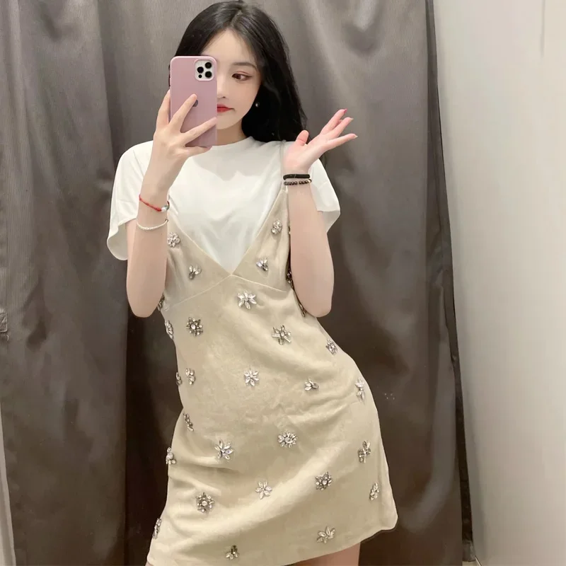 Rhinestone Sleeveless Slip Dress Summer Backless Short Dresses Women Sexy Vacation Party Dresses Beach Elegant Mini Dress