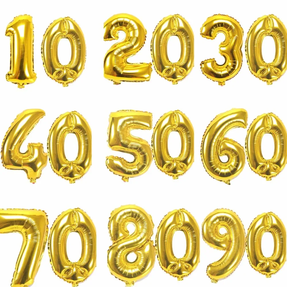 40 Zoll große Zahlenfigur Luftballons 10, 20, 30, 40, 50, 60, 70, 80, 90 Jahre, Erwachsene, Geburtstag, Jahrestag, Dekoration, Zubehör, Gold, Silber