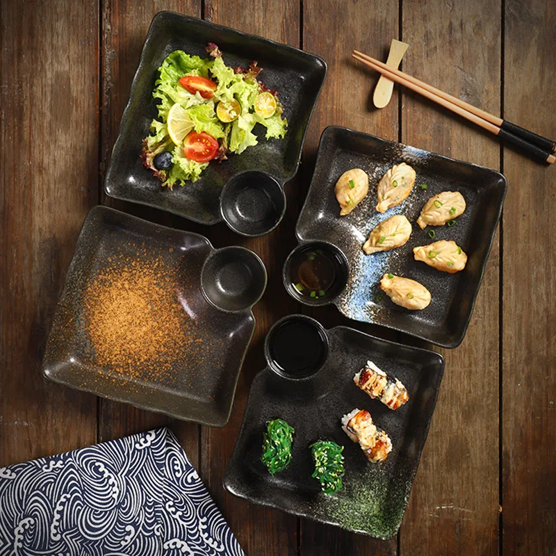 1PC Dumpling Plate Japanese Ceramic Household with Vinegar Plate Grid Plate Creative Hotel Restaurant Square Dumplings