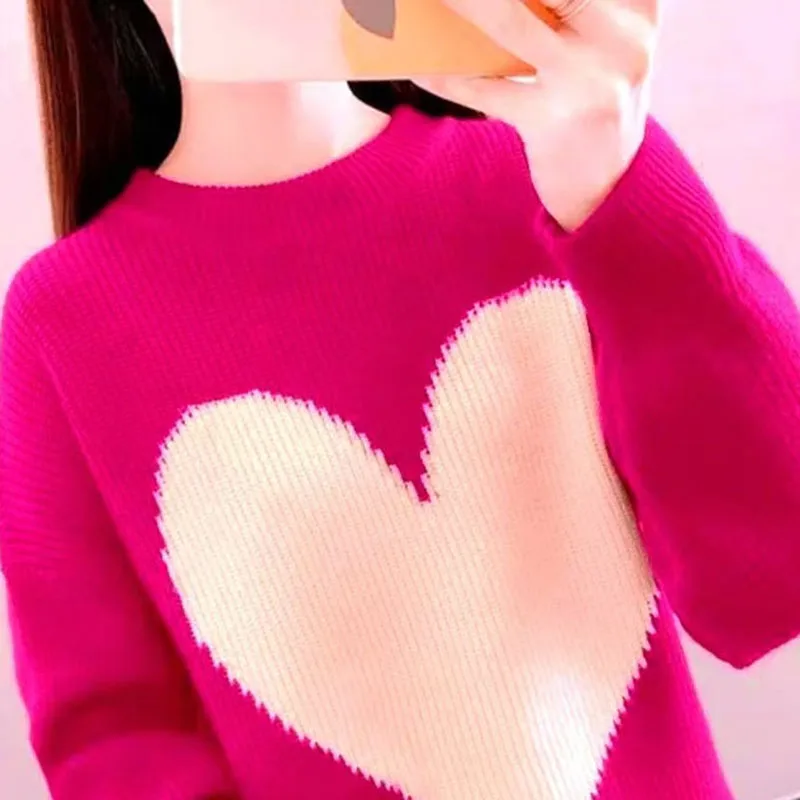 

Sweater Love Pattern Casual Knitwear 2026 Autumn Winter Thick Color Blocked Round Neck Loose Knit Top Pullover Versatile
