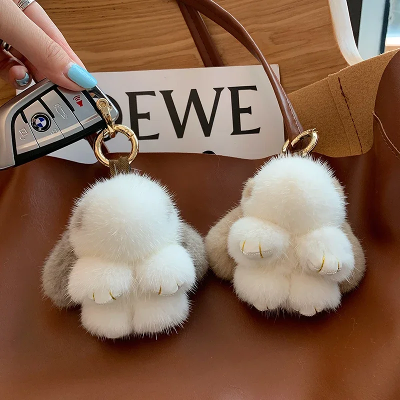 Cute Long Ear Bunny Keychain Real Mink Fur Rabbit Doll Pendant Toys Keyring Handbag Charm Ornament Pompom Plush Jewelry Gifts