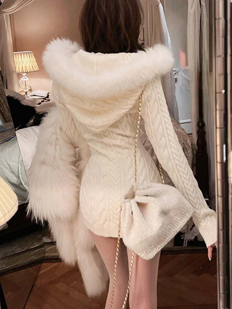 

Winter Knitted Sweater Dress with Hooded Women Slim Bodycon Y2k Mini Dress Faux Fur Female One Piece Dress Korean Elegant