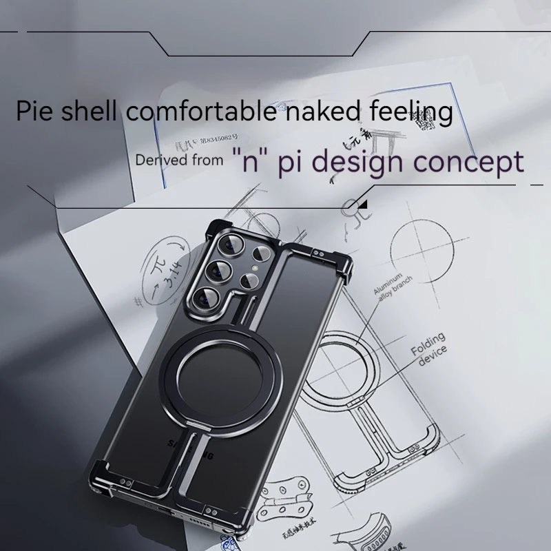 Magnetic Metal Bracket Phone Case For Samsung Galaxy S24 S23 Ultra Aluminum Alloy Frameless Bumper With Finger Ring Phone Cover image 2