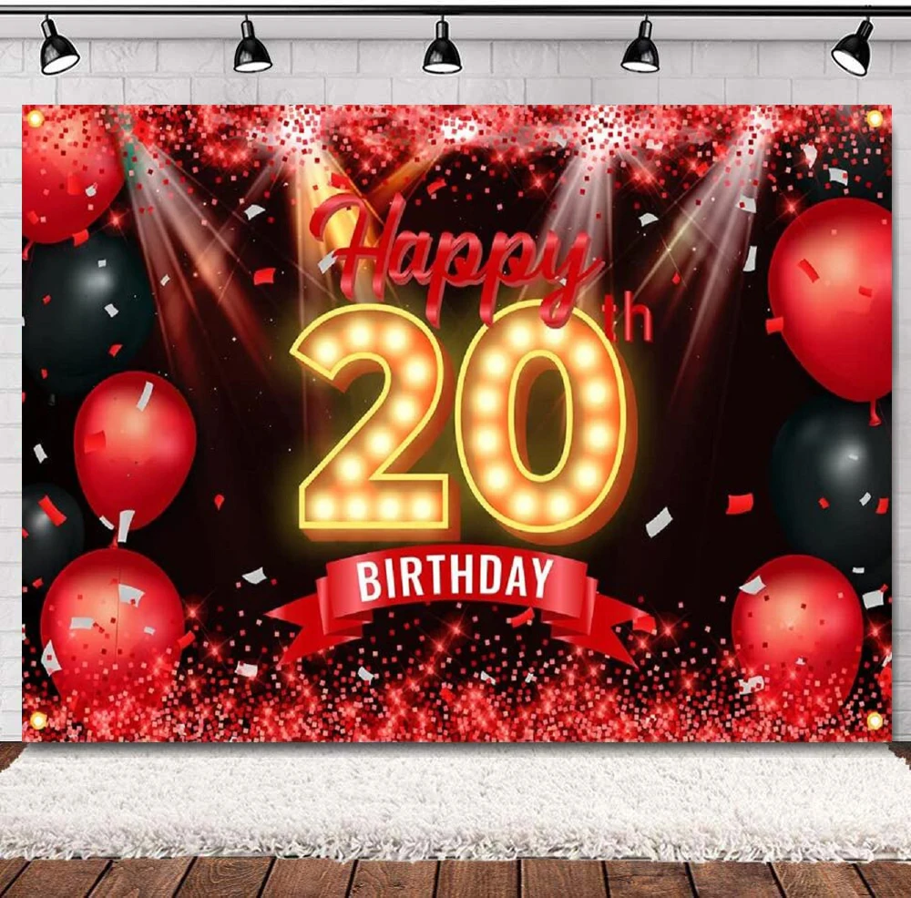 

Photography Backdrop Red And Black Happy 20 Year Old 20th Birthday Background Banner Decor For Girls Boys Party Supplies Glitter