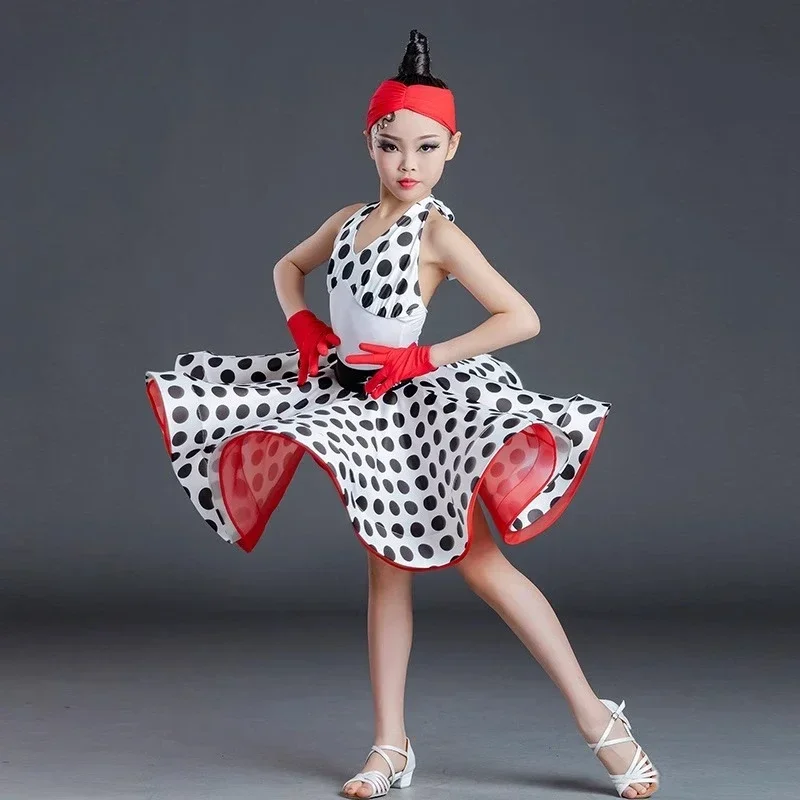 

girls'polka Children's Latin dance costumes dot performance costumes professional sets dance performance costumes large skirts