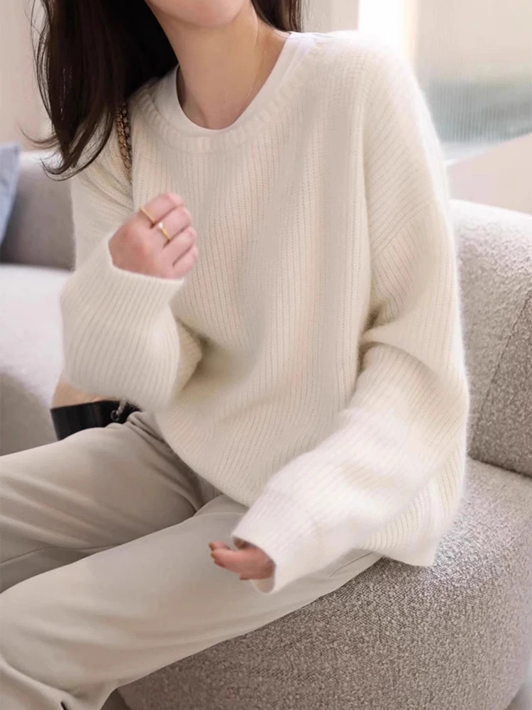 Lazy Style Fashion White Autumn Winter Knitting Loose Sweater Tops Women Round Collar Soft Mohair Long Sleeve Pullovers Jumper