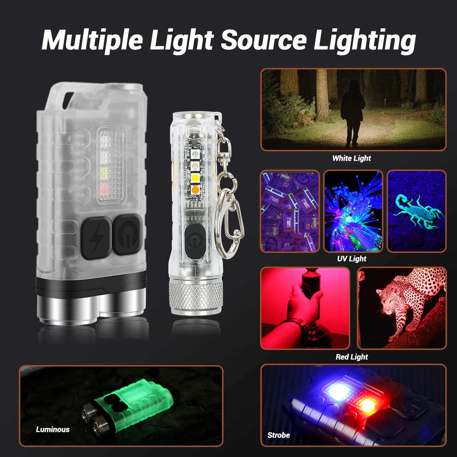 Lanterna LED recarregável portátil, Mini Keychain Light, USB C, recarregável, Lanterna de acampamento, Lanterna de bolso com ímã, Lâmpada UV, 900LM