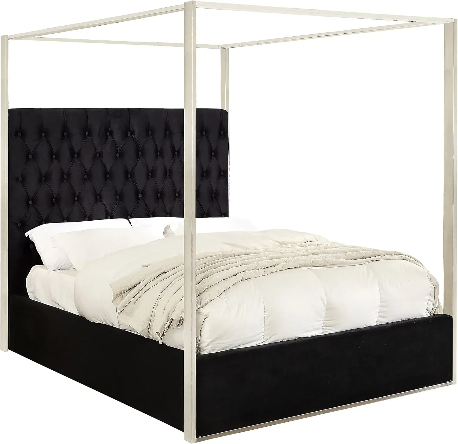 

Modern Contemporary Velvet Upholstered Bed With Deep Detailed Tufting And Chrome Canopy 86.5"L X 82"W X 78.5"H Black King