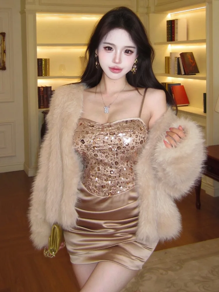 

Sexy Spicy Girl Strapless Long Sleeve Dress Women's Autumn Winter Fashionable All-Match Furry Outerwear Two-Piece Set