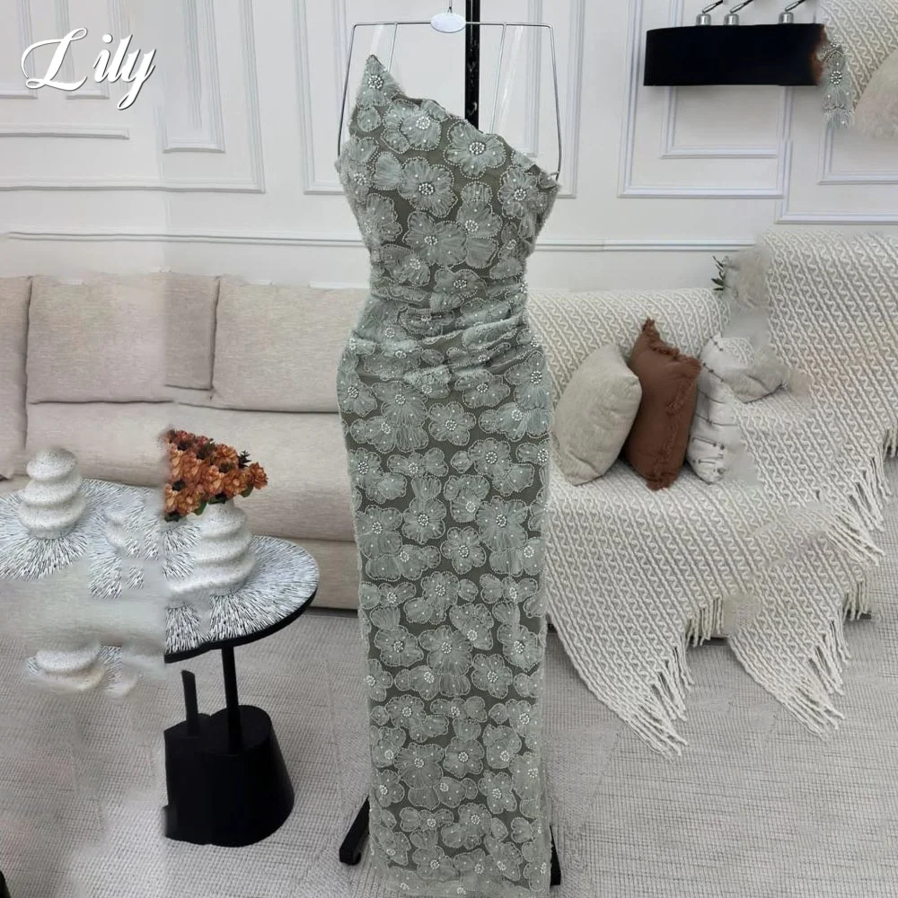 

Lily Green Party Dresses Floral One Shoulder Trumpet Evening Dress with Pleats فساتين السهرة for Wedding Customized