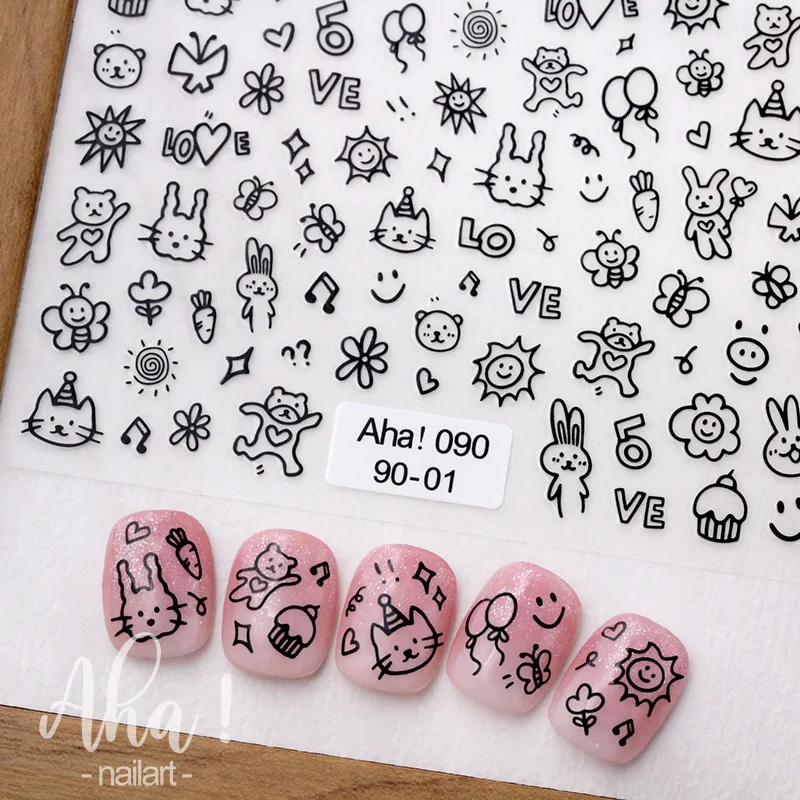 Cute  Graffiti Abstract Little Cat Dog Nail Stickers 3D Ultra-thin Self-Adhesive Sliders Nail Art Decoration Decals DIY Manicure