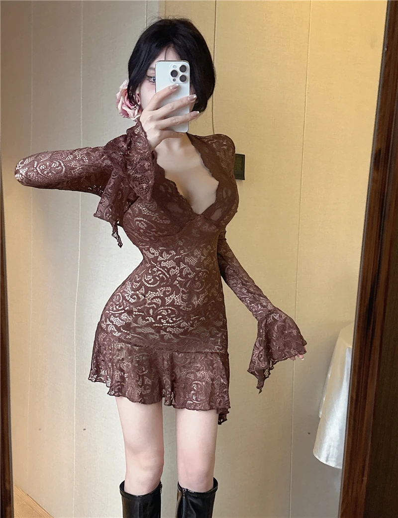 مثير المنخفضة قطع الخامس الرقبة الدانتيل الخصر cinching التخسيس غير النظامية متوهج كم مزاجه اللباس #4