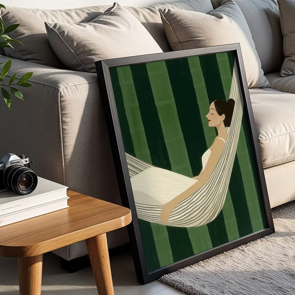 Minimal Green Tone Woman On Hammock Canvas Poster Wall Art,2D Print Wall Decor,Healing Home Gift For Living Room Bedroom