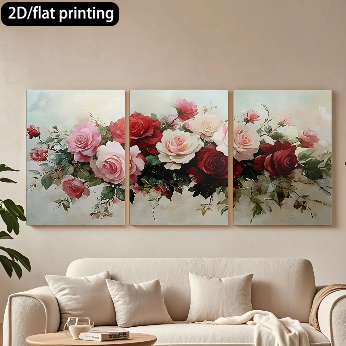 

2D плоская печать, 3-х частная декоративная картина на холсте в деревянной раме. Букет разноцветных роз. Декор для коридора и спальни.