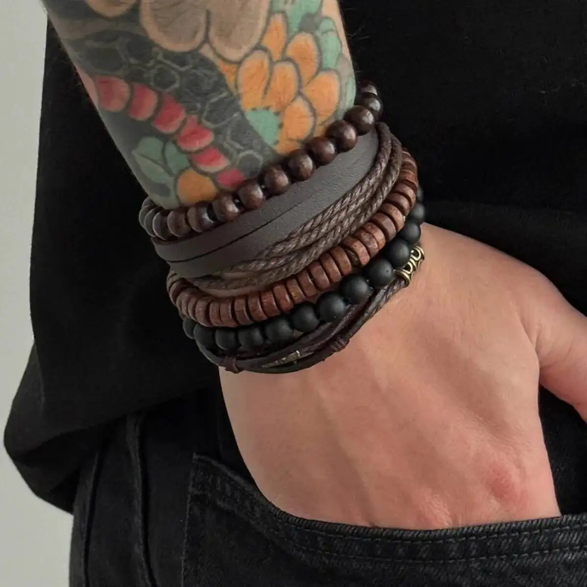 

KunJoe 5pcs/set Rretro Multi-layer Woven Leather Bracelets Men Ethnic Style Stacked Wooded Beaded Bangle Fashion Jewelry Gift