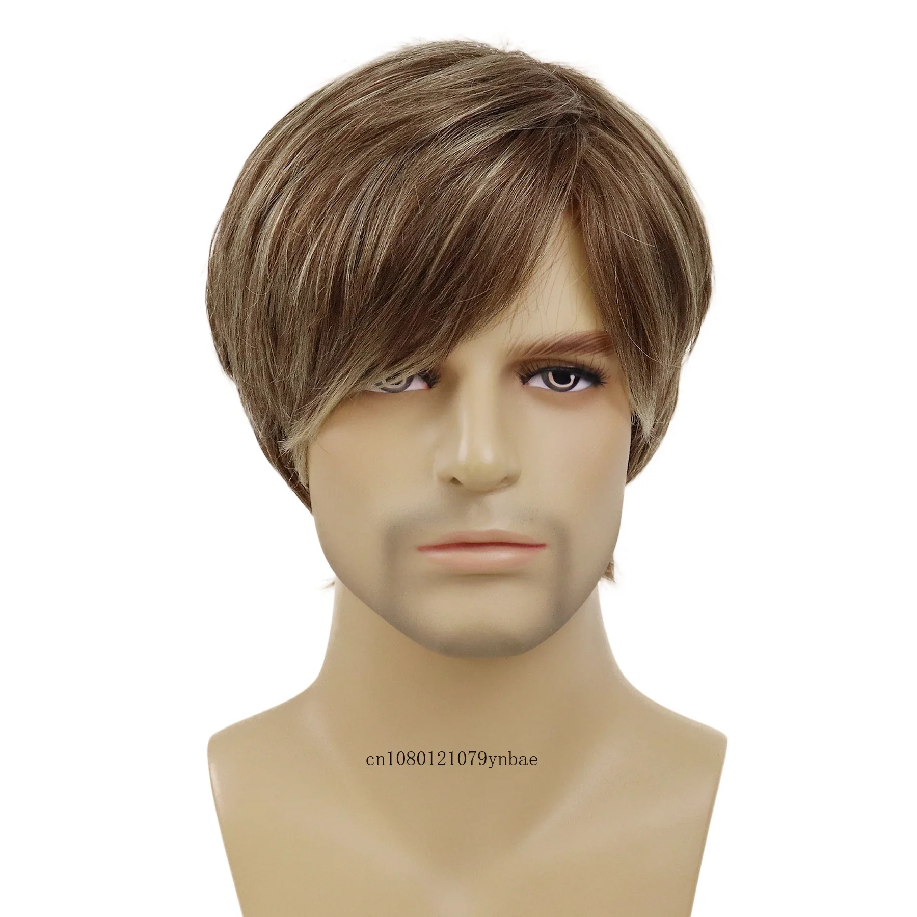 Synthetic Short Wigs Men Mix Brown Highlights Natural Wig with Bangs Rose Net Full Heat Resistant Fiber Hair Replacement Wigs