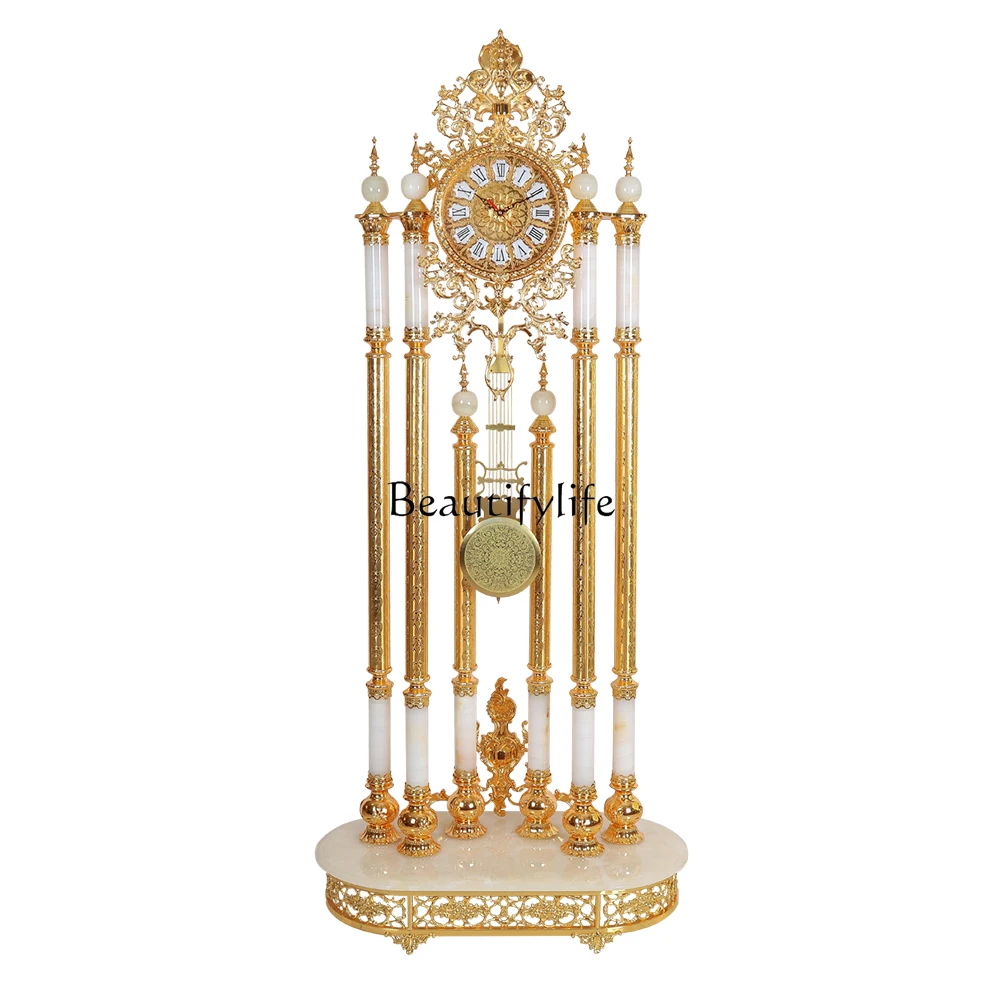 

European-Style White Jade Standing Grandfather Clock Luxury Villa Home Living Room Crystal the Grandfather Clock