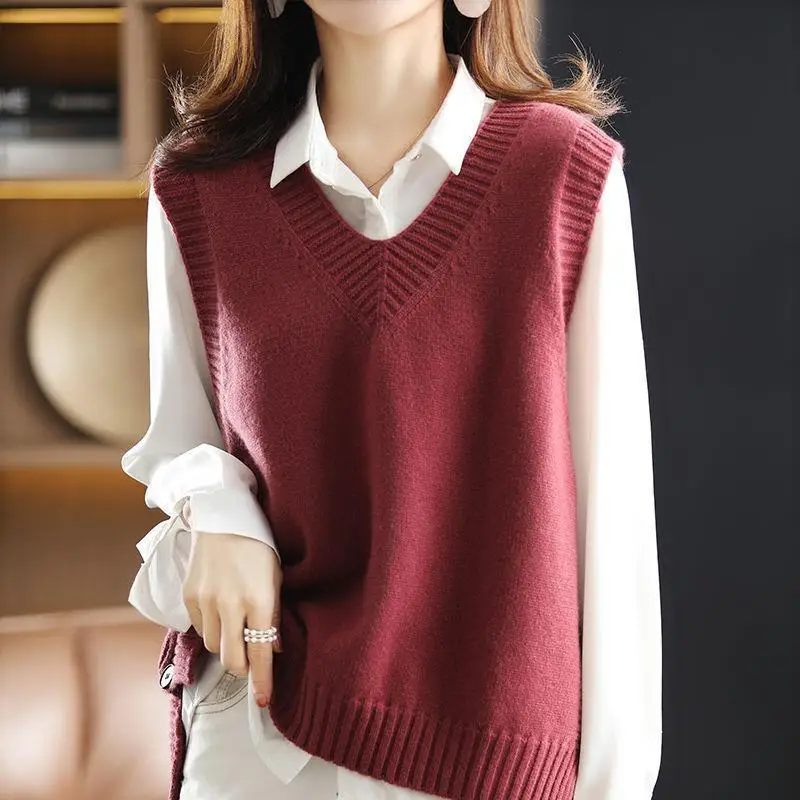 Spring Autumn Korean Fashion V-neck Loose Solid Sleeveless Knitted Sweater Vest Women Casual Pullover All Match Waistcoat Jumper