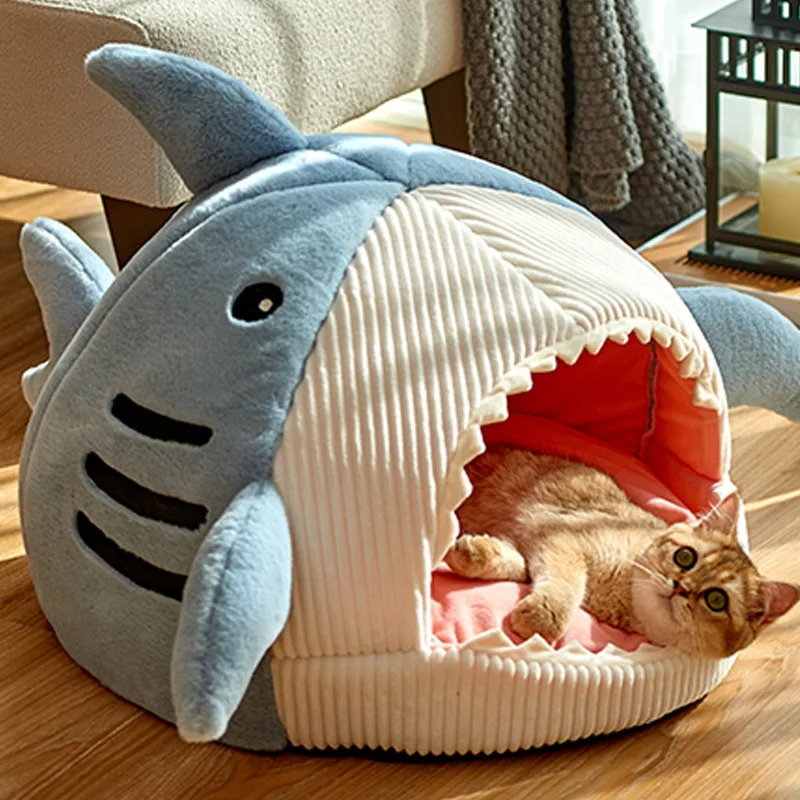 Cartoon Pet Semi Enclosed Cat and Dog Bed Big Mouth Shark Warm Kennel Pet Tent Comfortable Cave Soft and Washable Portable Nest