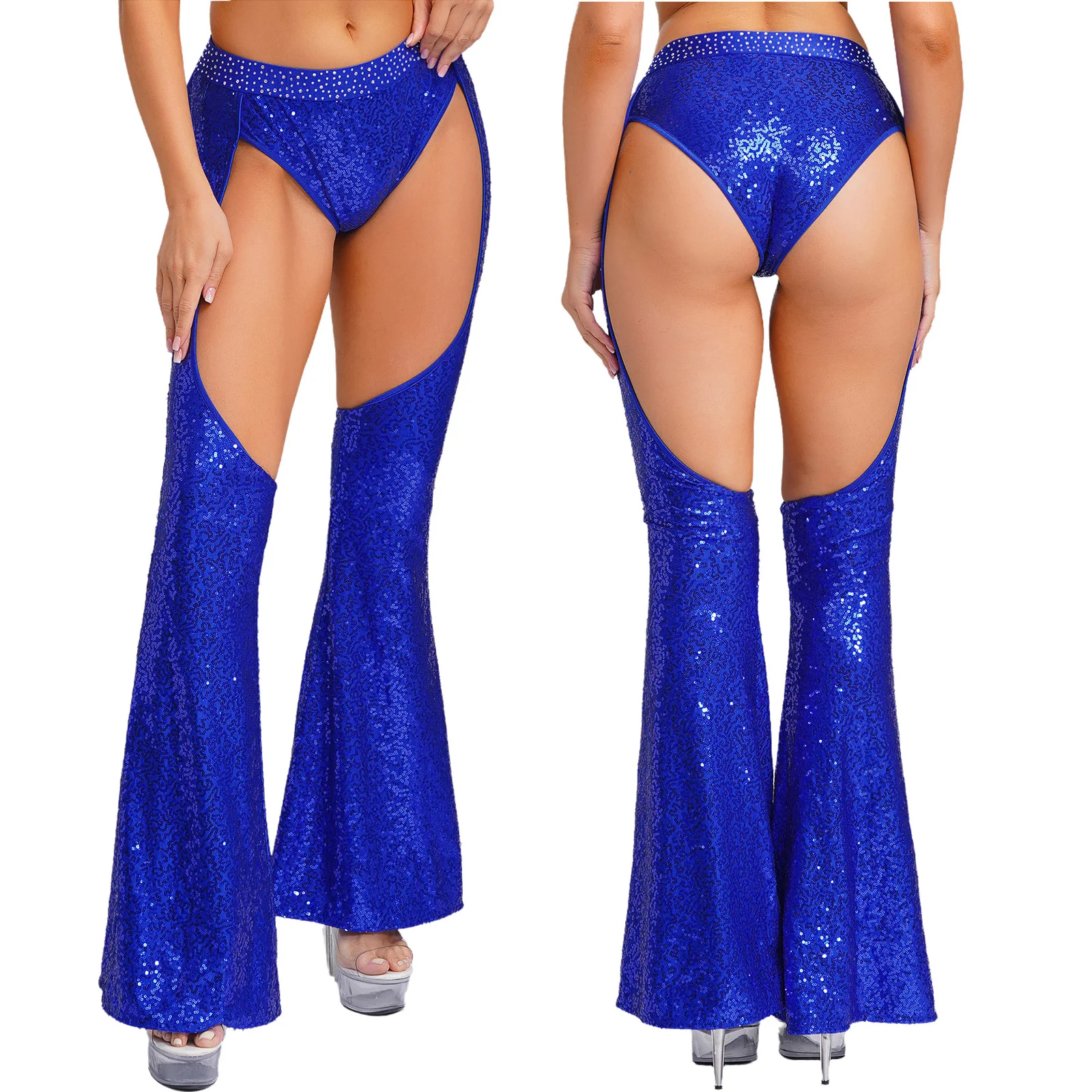여성용 반짝이 스팽글 컷아웃 플레어 팬츠 섹시 70년대 80년대 디스코 샤이니 홀 아웃 차프 벨 바텀 팬츠 할로윈 클럽 파티용