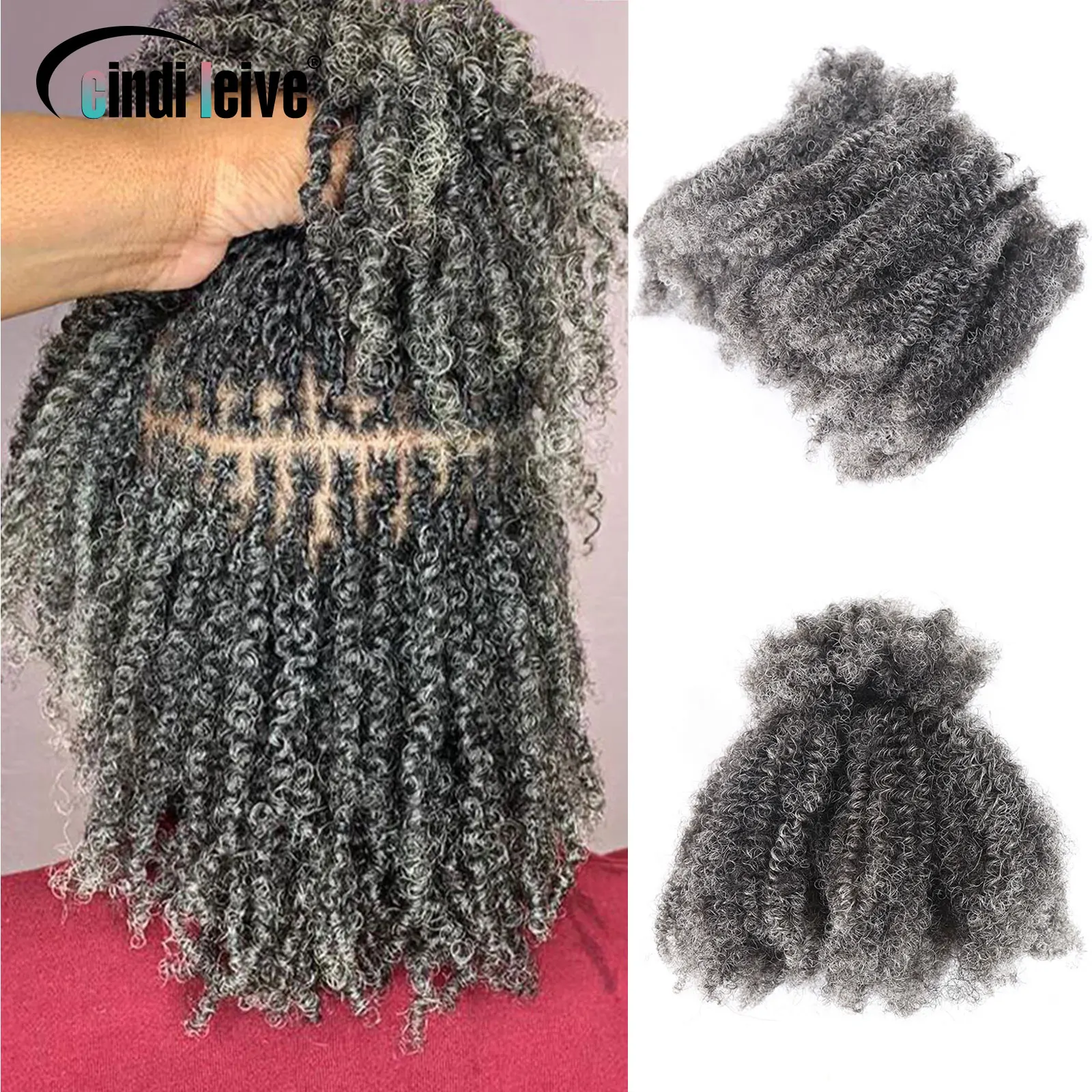 Szaro-biały dziewiczy Afro Perwersyjne kręcone luzem Ludzkie włosy do zaplatania szydełkowego Przedłużanie włosów Zamki do warkoczy bez wątku 50g