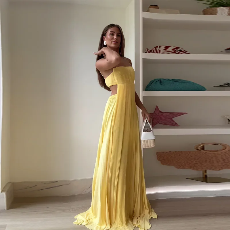 

Women Sleeveless Backless Hollow Out Party Solid Dresses Elegant Pleated Sling Long Dress 2025 Summer Lady Holiday Beach Robes