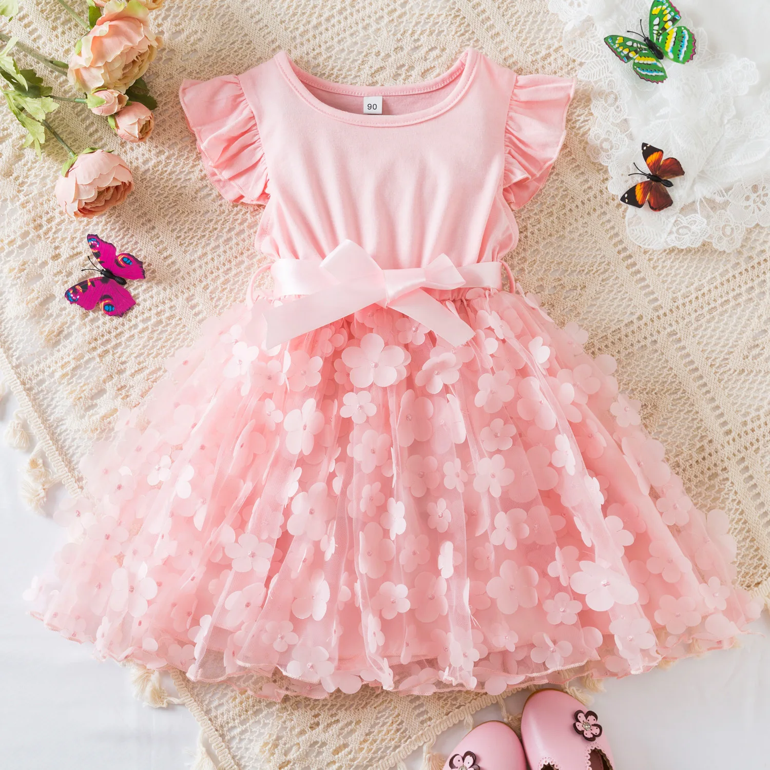 Charlotte Stylish Toddler 1-6 Years Toddler Little Girls Flutter Sleeves 3D Flower Girls Summer Dress