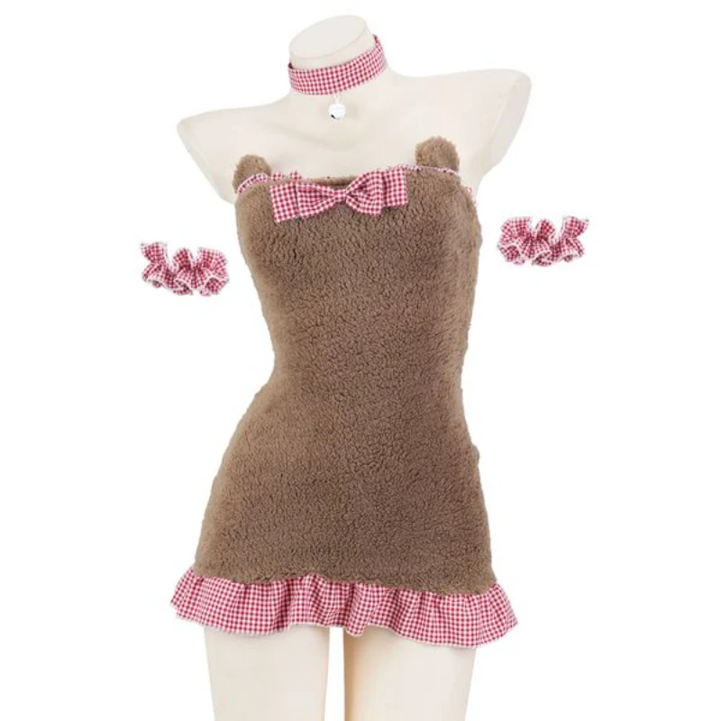 Cute Plush Backless Little Bear Dress Cosplay Costume Maid Uniform Sexy Bow Nightdress Role Play Underwear Lingerie Outfits Girl