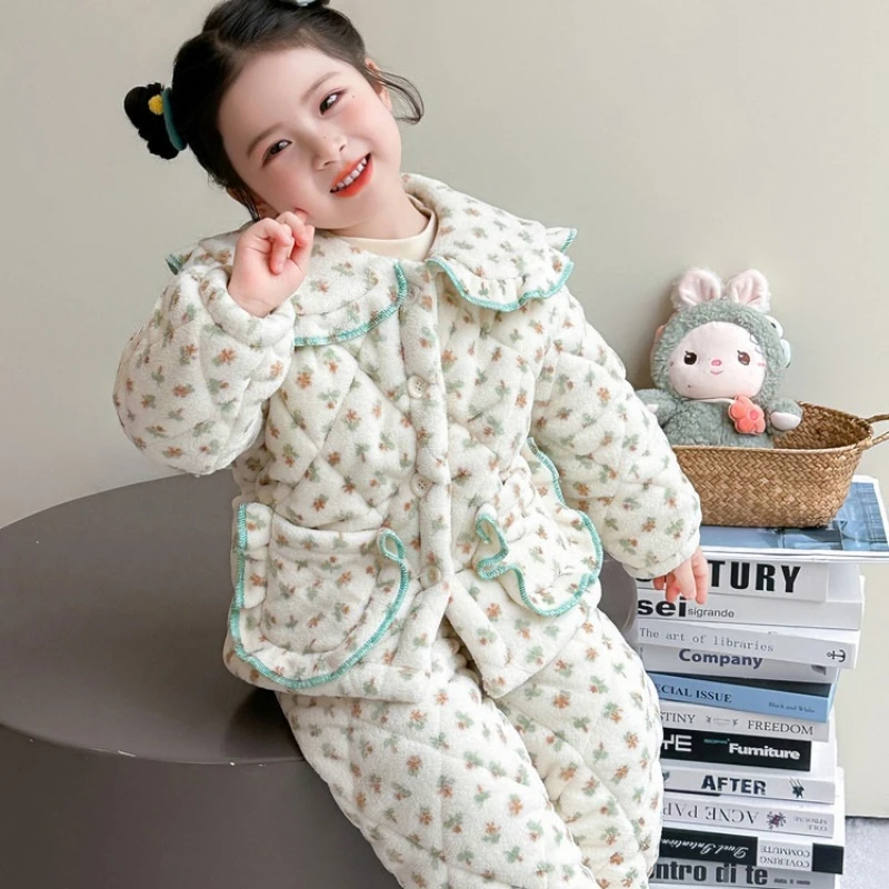 

Girls Floral Pajama Set, 3-Layer Quilted Coral Fleece Loungewear for Toddlers Winter Wear