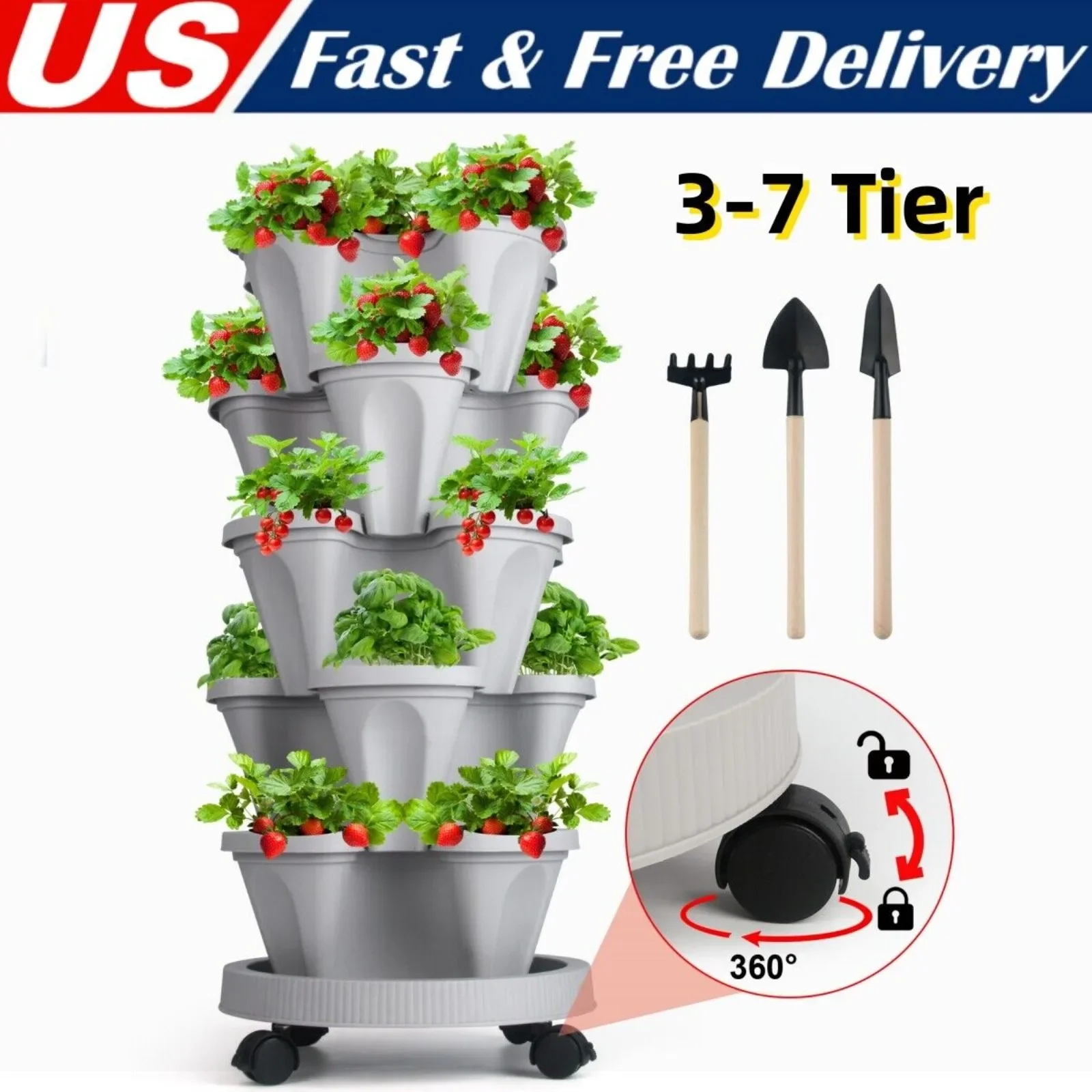 

us 3-7 layer stackable flower pot, vertical flower pot with 360 ° wheels and tools-