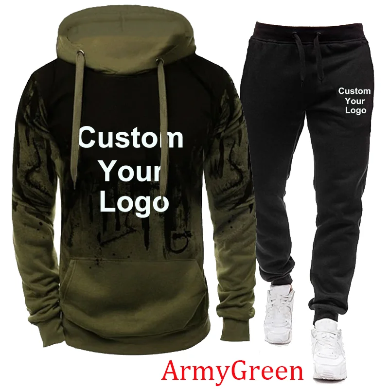 Fashion kustom Logo Anda baju olahraga pria lengan panjang Hoodies + celana Outdoor pakaian olahraga Gym berlari pakaian Pullover Hoody Tracksuit