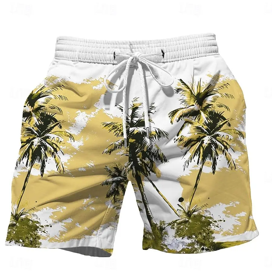 2024 Summer Oversized Casual Men\'s Drawstring Shorts Quick Dry Hawaii Holiday Sports Swimming Trunks Coconut Tree Printed Shorts