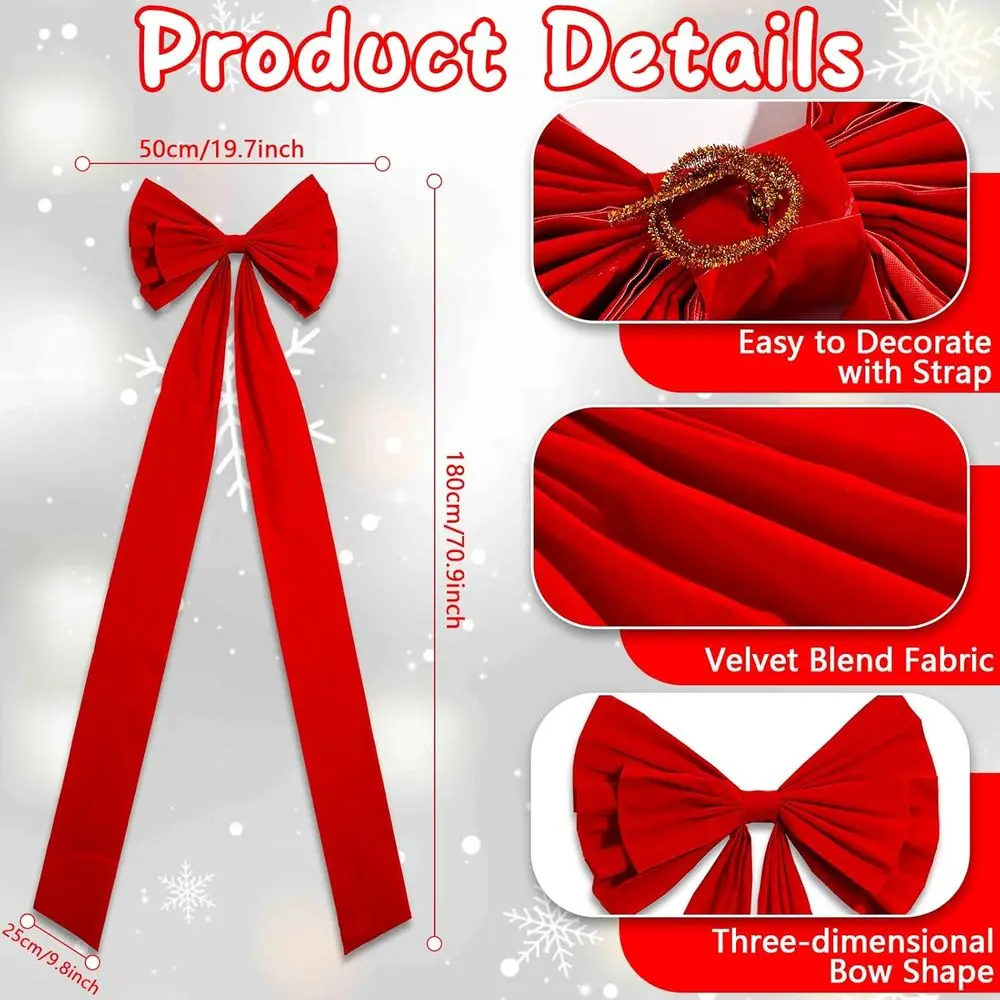 فيونكة مخملية حمراء عملاقة مع أشرطة طويلة - قطعة علوية لشجرة عيد الميلاد مقاس 71 × 24 بوصة وديكور إكليل للمنزل والخارج والحفلات