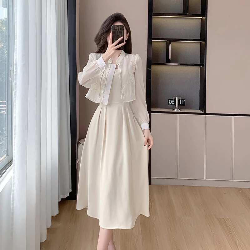 Spring and Summer New Chinese Embroidered Perspective Small Coat+Pearl Neck Suspended Dress Set Dress Long sleeved Skirt