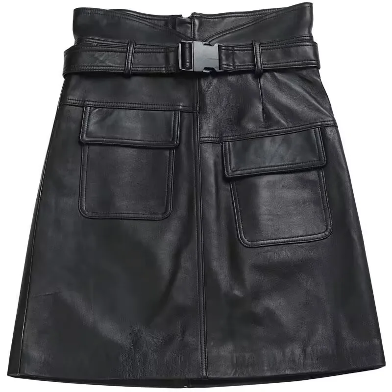 Genuine leather skirt  Korean Slim High Waist Shorts Skirt Female Belt Mini Skirts Safety Liner Shorts Skirts